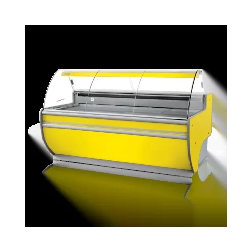 Lada chłodnicza z szybą giętą, nierdzewnym blatem, podświetlanym spodem, osłoną stopek oraz bokami PS-HIPS