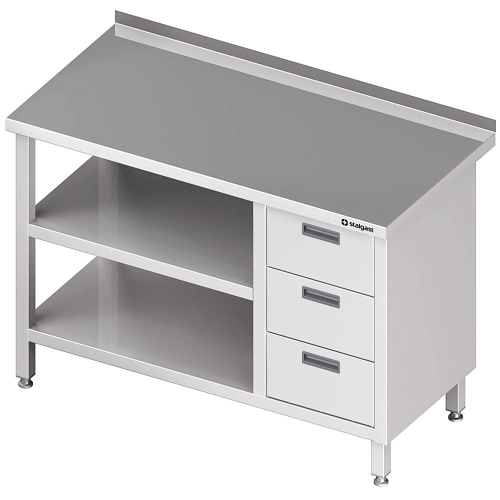Stół przyścienny z blokiem trzech szuflad (P),i 2-ma półkami 1500x700x850 mm
